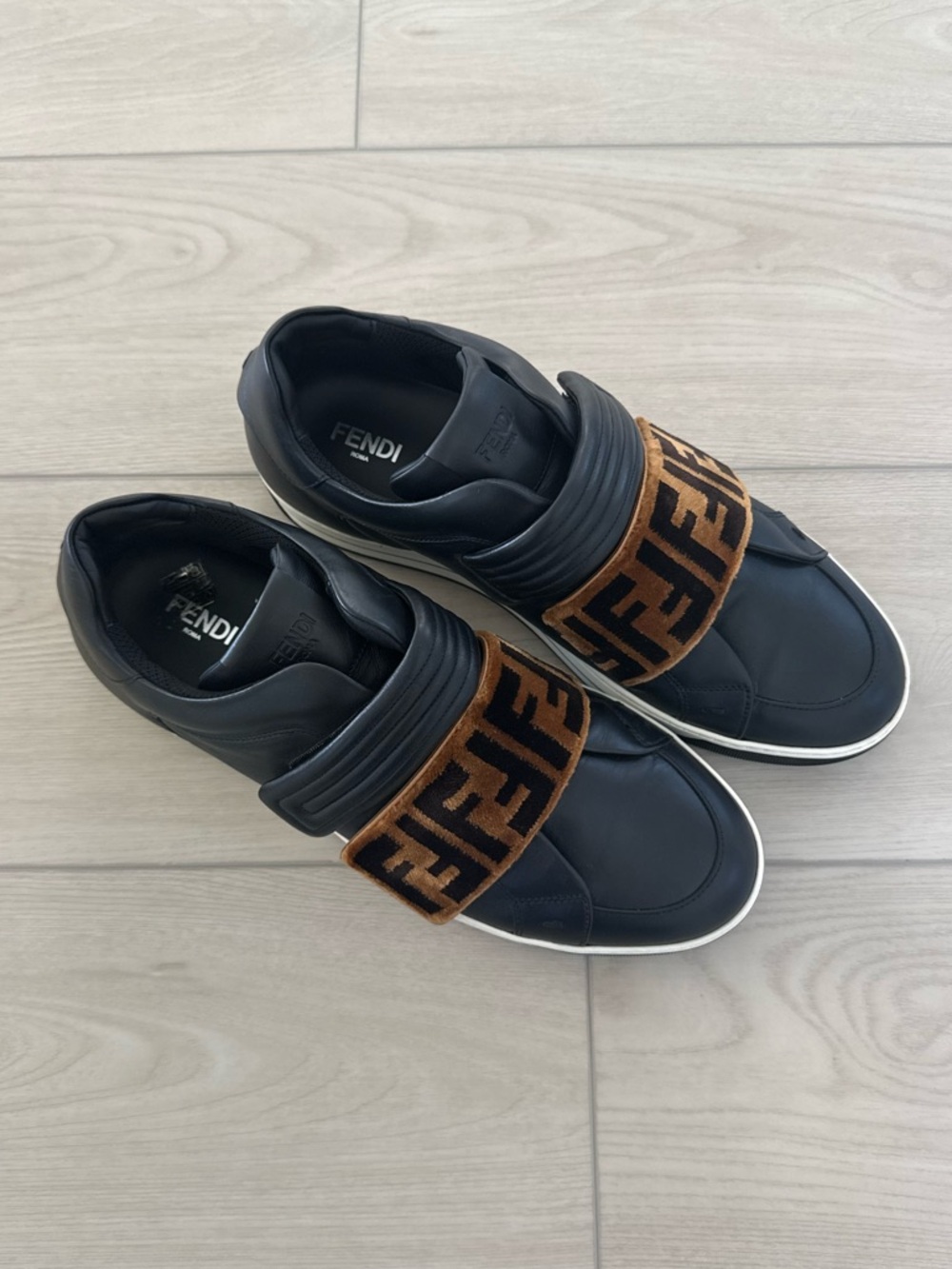 Fendi Black Leather Slip-Ons with Logo Strap